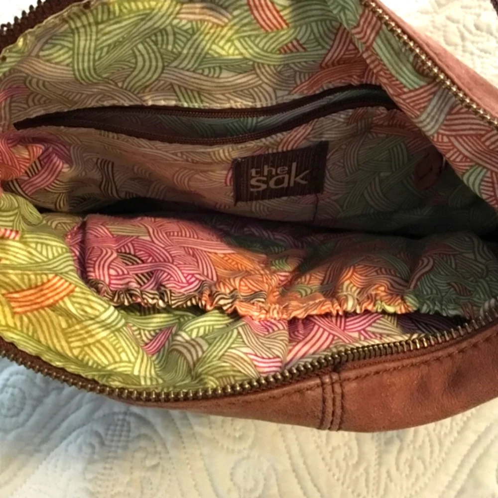 The Sak Brown Leather Crossbody with Pink, Orange, Burgundy & Tan Panels